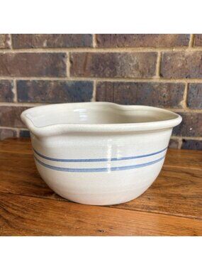 Vintage Marshall Pottery Heart Shaped Bowl With Pour Spout Blue Stripes 10” Wide